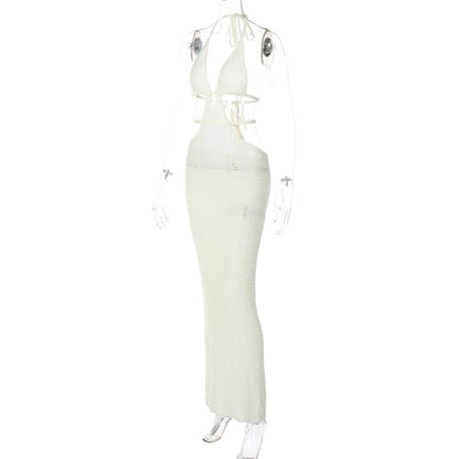 Halter self tie hollow out v neck cut out maxi dress  | Festival Outfits Women