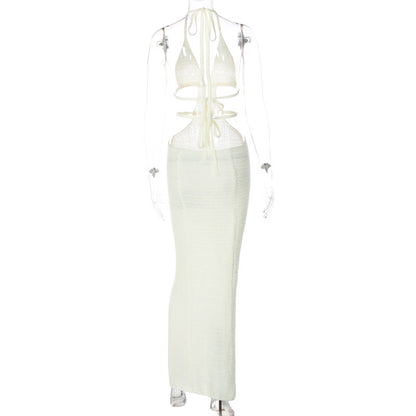 Halter self tie hollow out v neck cut out maxi dress  | Festival Outfits Women