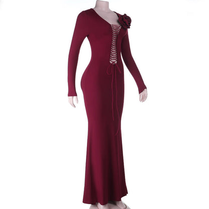 Long sleeve flower applique self tie solid maxi dress  | Festival Outfits Women