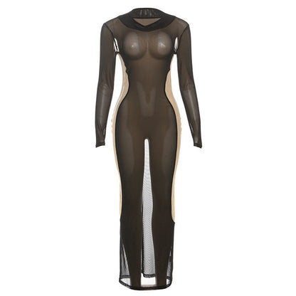 Sheer mesh long sleeve crewneck maxi dress  | Festival Outfits Women