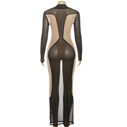 Sheer mesh long sleeve crewneck maxi dress  | Festival Outfits Women