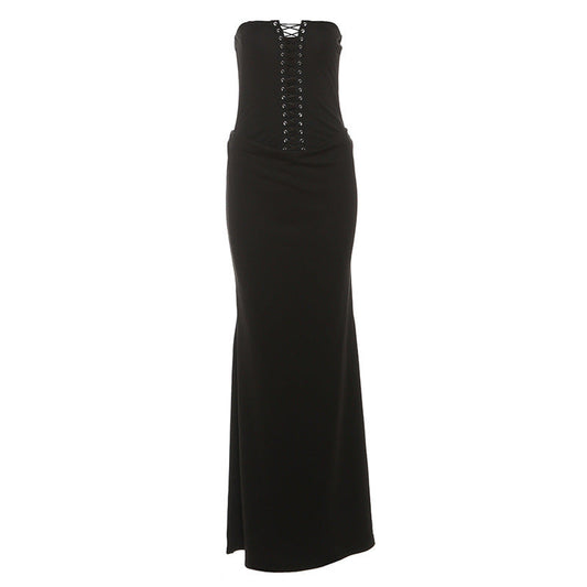 Hollow out self tie backless tube cut out maxi dress  | Festival Outfits Women