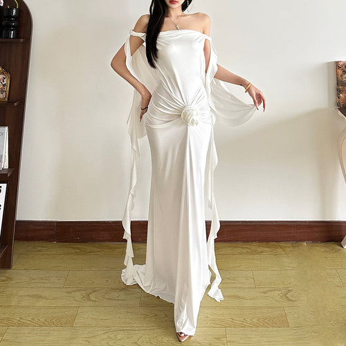 Off shoulder ruffle backless flower applique maxi dress  | Festival Outfits Women