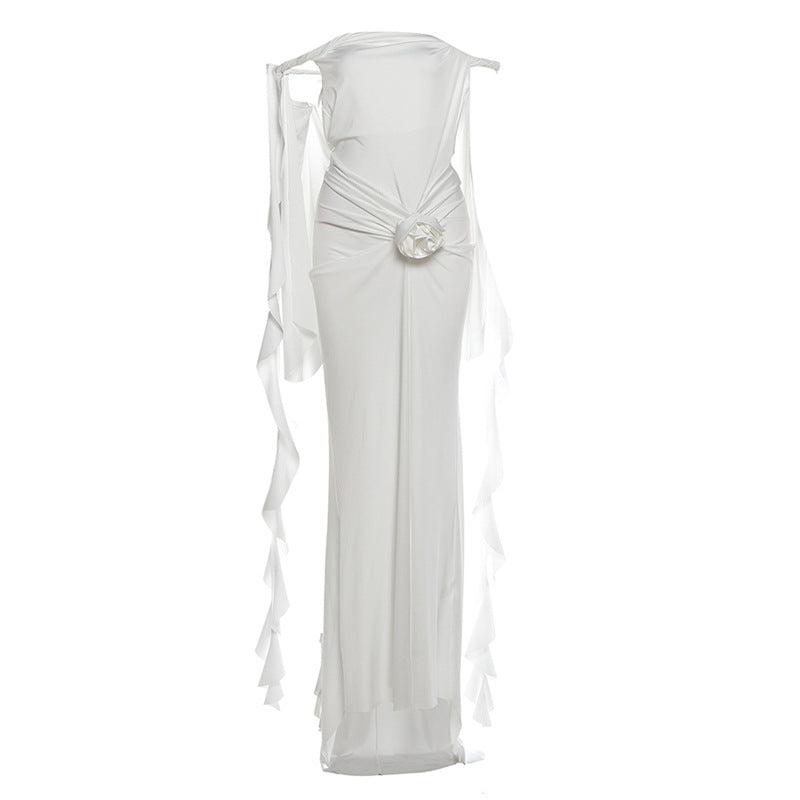Off shoulder ruffle backless flower applique maxi dress  | Festival Outfits Women