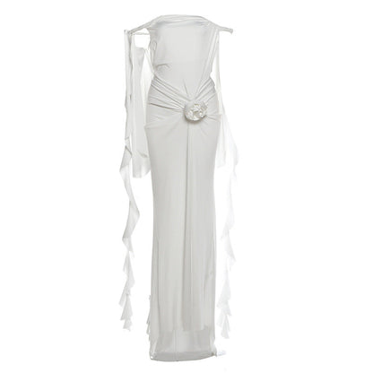 Off shoulder ruffle backless flower applique maxi dress  | Festival Outfits Women