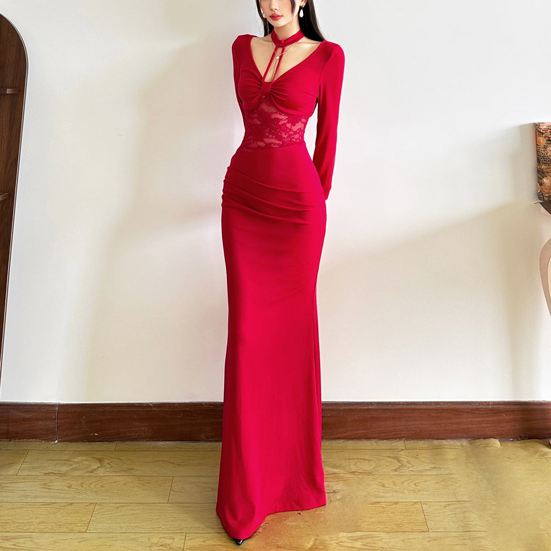 Long sleeve v neck lace maxi dress  | Festival Outfits Women