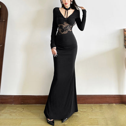 Long sleeve v neck lace maxi dress  | Festival Outfits Women