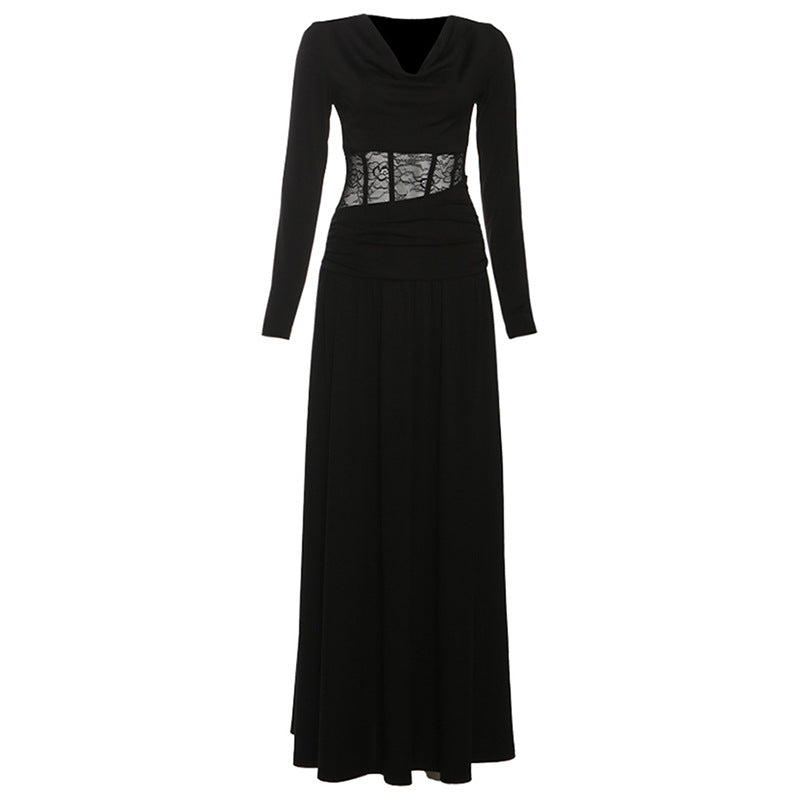 Long sleeve cowl neck lace ruched maxi dress  | Festival Outfits Women