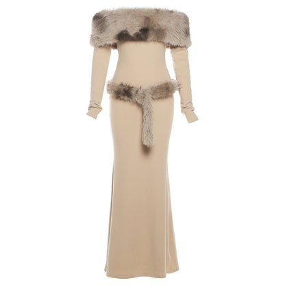 Long sleeve off shoulder fluffy maxi dress  | Festival Outfits Women