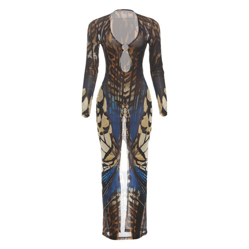 Long sleeve hollow out o ring print mesh cut out maxi dress  | Festival Outfits Women
