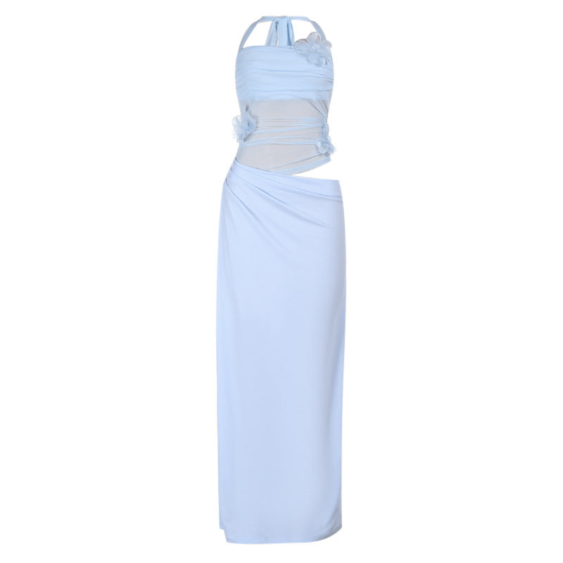 Self tie halter flower applique mesh hollow out cut out maxi dress  | Festival Outfits Women