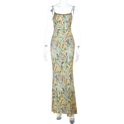Glitter square neck print self tie cami maxi dress  | Festival Outfits Women