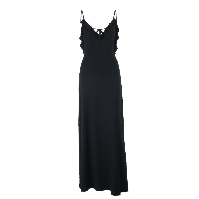 Self tie ruffle v neck backless cami maxi dress  | Festival Outfits Women