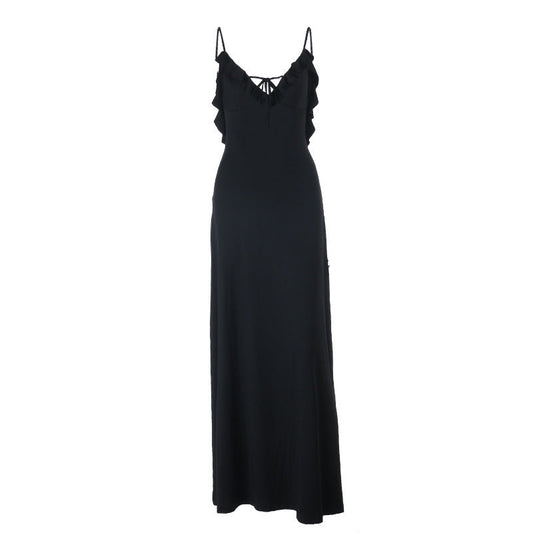 Self tie ruffle v neck backless cami maxi dress  | Festival Outfits Women
