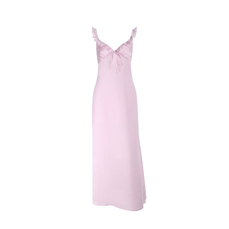 Ruffle v neck self tie zip-up cami maxi dress  | Festival Outfits Women