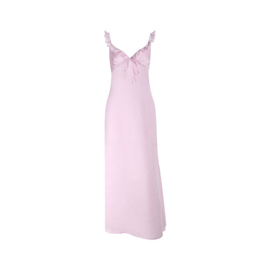Ruffle v neck self tie zip-up cami maxi dress  | Festival Outfits Women
