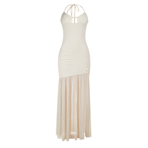 High slit hollow out self tie halter mesh cut out maxi dress  | Festival Outfits Women