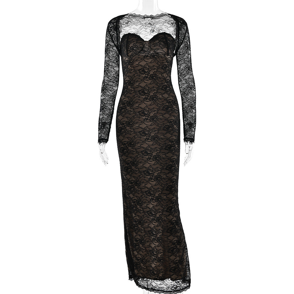 Long sleeve lace sweetheart neck 2 piece maxi dress  | Festival Outfits Women