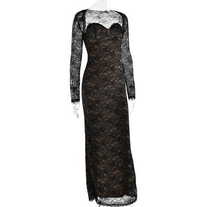 Long sleeve lace sweetheart neck 2 piece maxi dress  | Festival Outfits Women