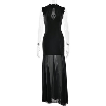 Hollow out crewneck zip-up sleeveless cut out maxi dress  | Festival Outfits Women