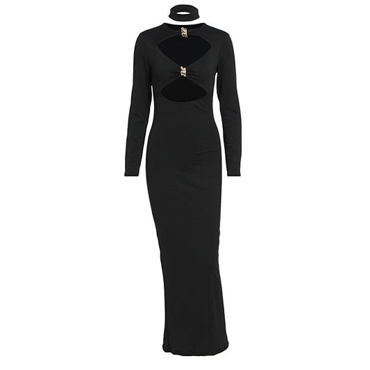 Long sleeve hollow out crewneck solid cut out midi dress  | Festival Outfits Women