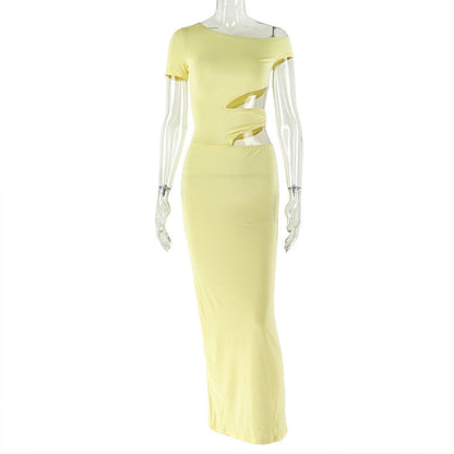 Irregular short sleeve hollow out one shoulder cut out maxi dress  | Festival Outfits Women