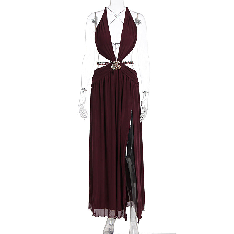 Beaded deep v neck slit cross back self tie maxi dress  | Festival Outfits Women