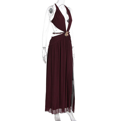 Beaded deep v neck slit cross back self tie maxi dress  | Festival Outfits Women
