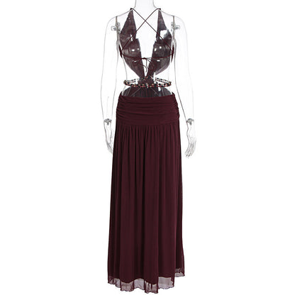 Beaded deep v neck slit cross back self tie maxi dress  | Festival Outfits Women