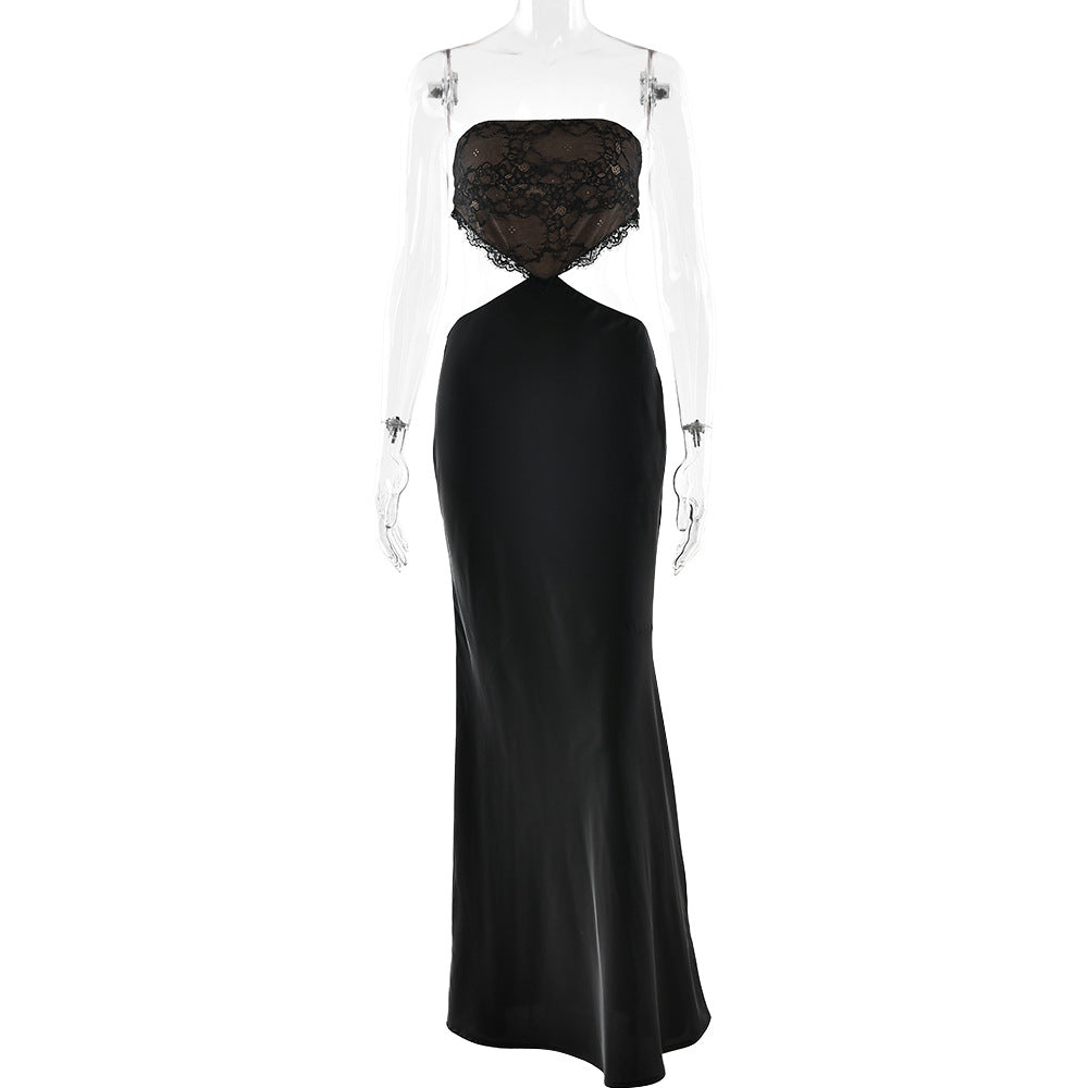 Lace hem zip-up backless tube maxi dress  | Festival Outfits Women