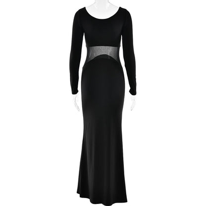 Long sleeve u neck mesh patchwork maxi dress  | Festival Outfits Women