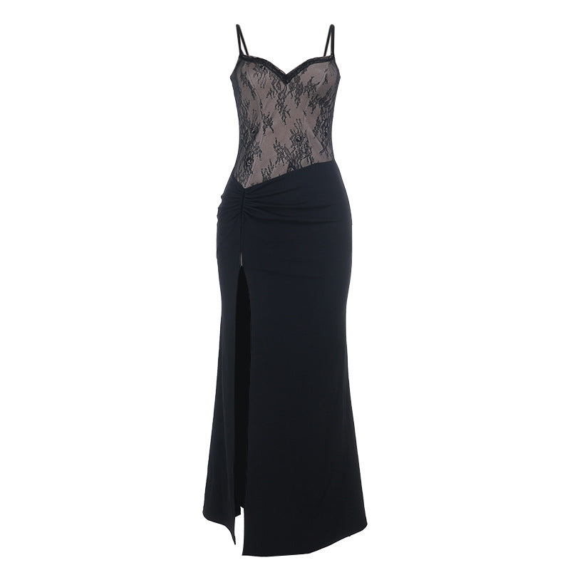 Lace hem v neck ruched slit cami maxi dress  | Festival Outfits Women