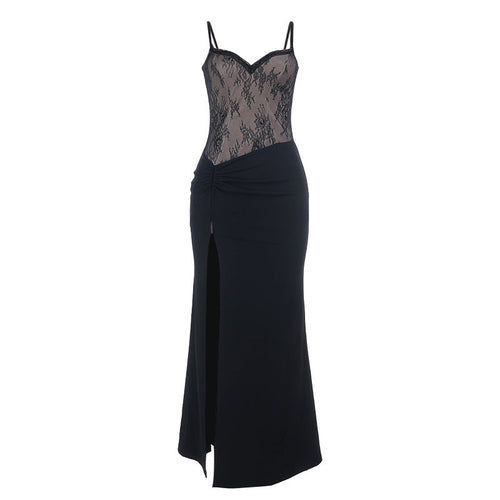 Lace hem v neck ruched slit cami maxi dress  | Festival Outfits Women