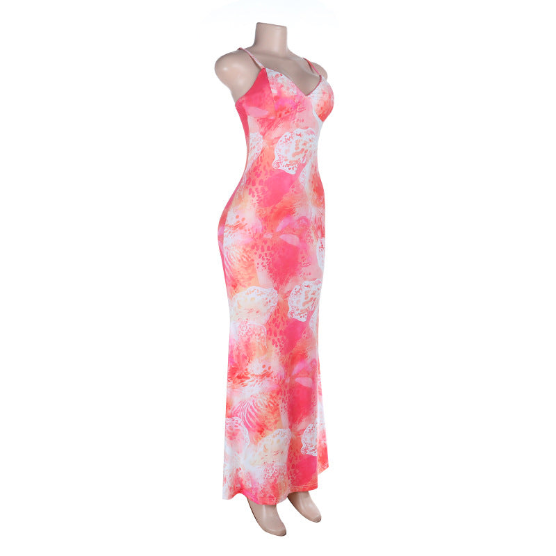 V neck print backless cami maxi dress  | Festival Outfits Women