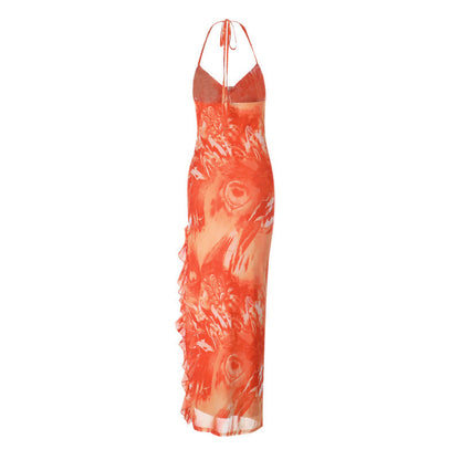 Ruffle slit print halter self tie cowl neck maxi dress  | Festival Outfits Women