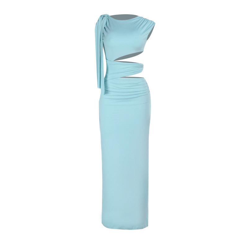 Crewneck hollow out irregular ruched cut out maxi dress  | Festival Outfits Women