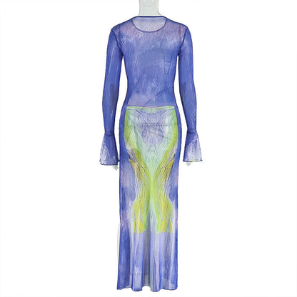 Long flared sleeve print mesh crewneck slit maxi dress  | Festival Outfits Women