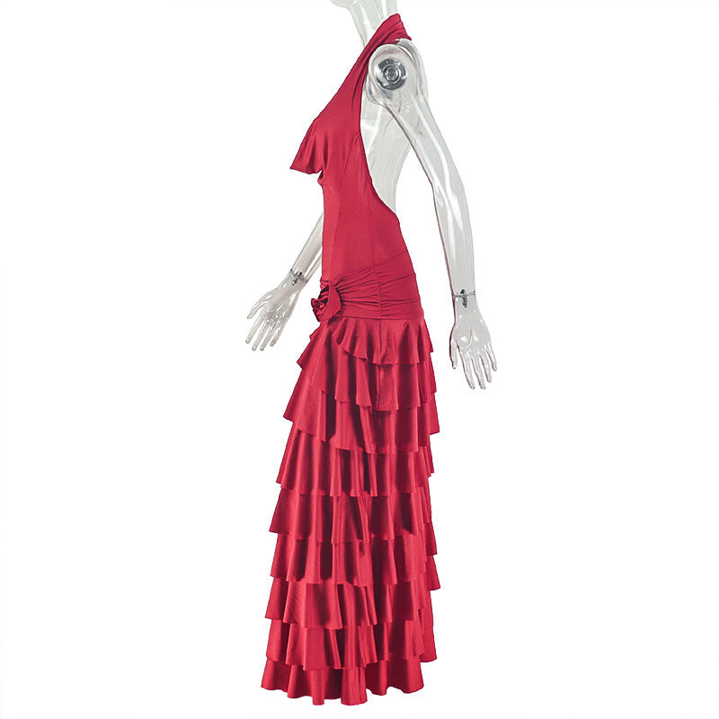 Cowl neck halter ruffle slit irregular maxi dress  | Festival Outfits Women