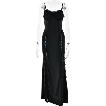 Lace hem v neck backless solid cami maxi dress  | Festival Outfits Women