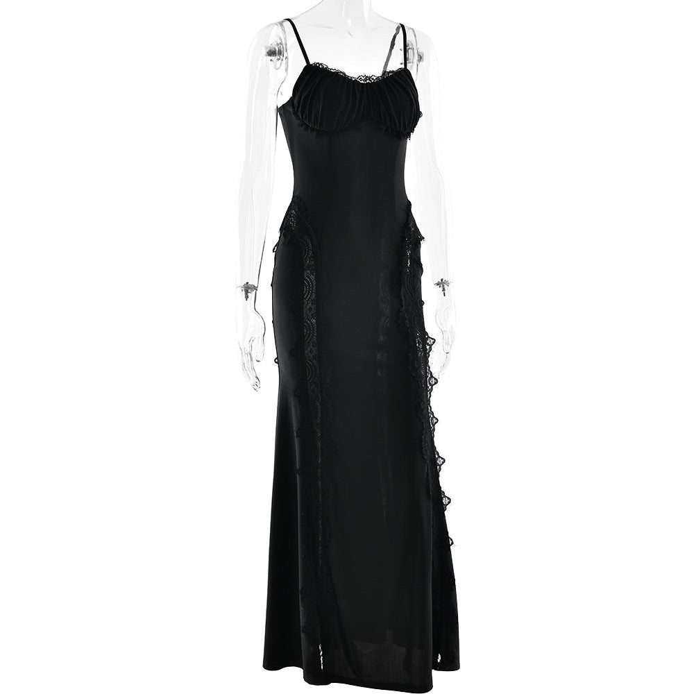 Lace hem v neck backless solid cami maxi dress  | Festival Outfits Women
