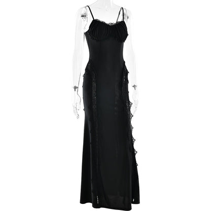 Lace hem v neck backless solid cami maxi dress  | Festival Outfits Women