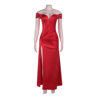 Off shoulder ruched slit irregular zip-up maxi dress  | Festival Outfits Women