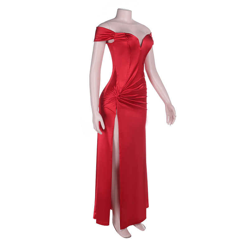 Off shoulder ruched slit irregular zip-up maxi dress  | Festival Outfits Women
