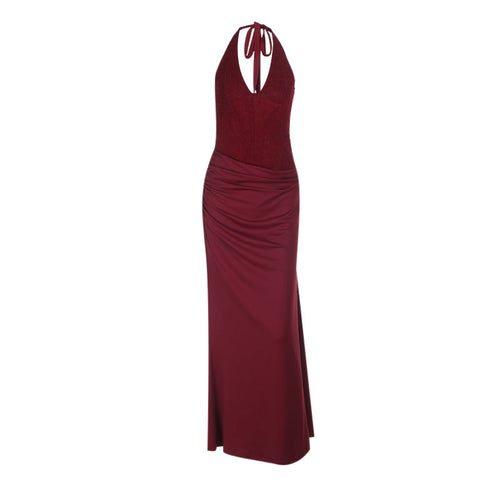 Halter self tie ruched v neck backless maxi dress  | Festival Outfits Women
