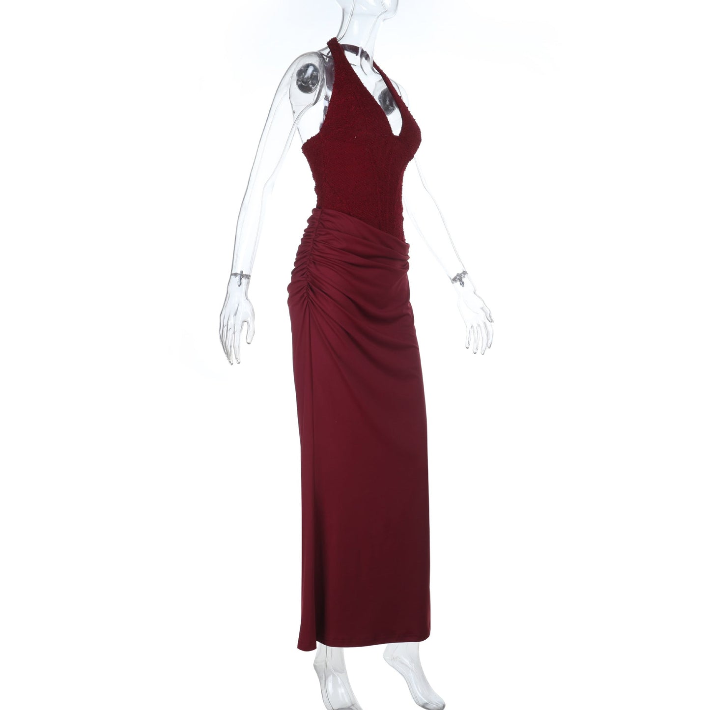 Halter self tie ruched v neck backless maxi dress  | Festival Outfits Women