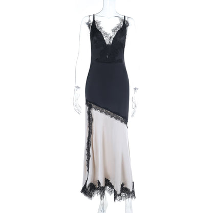 Lace hem v neck slit irregular cami maxi dress  | Festival Outfits Women