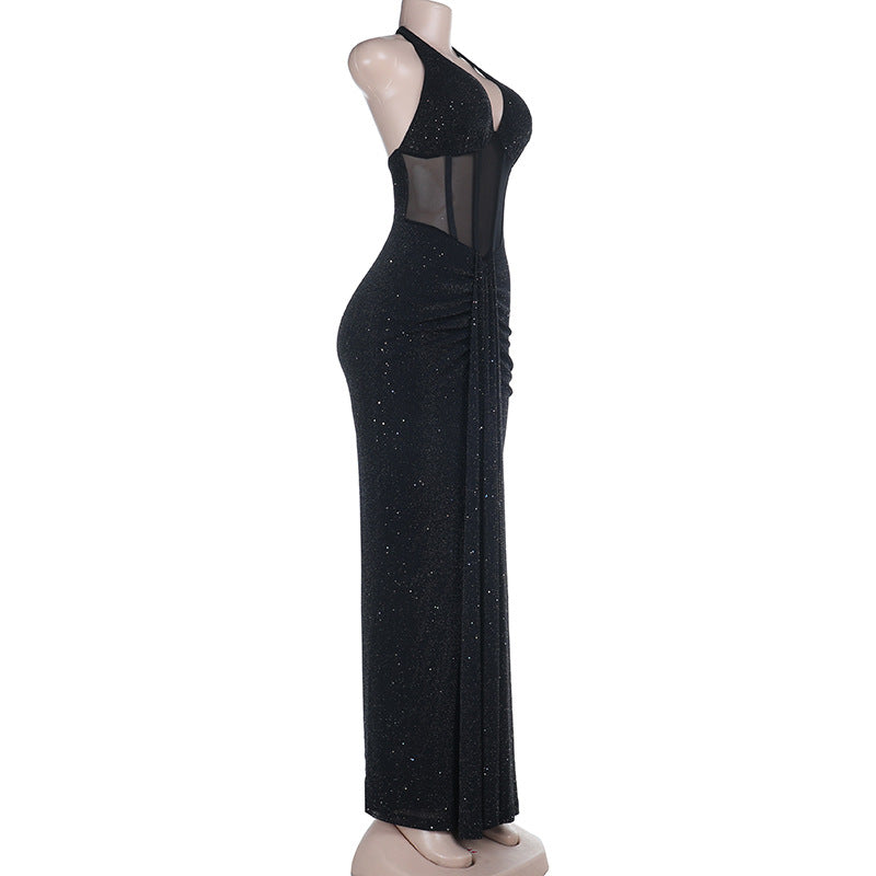 Ruched v neck halter self tie backless maxi dress  | Festival Outfits Women