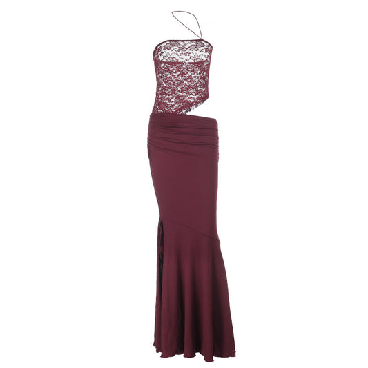 Irregular lace hollow out ruched halter cut out maxi dress  | Festival Outfits Women