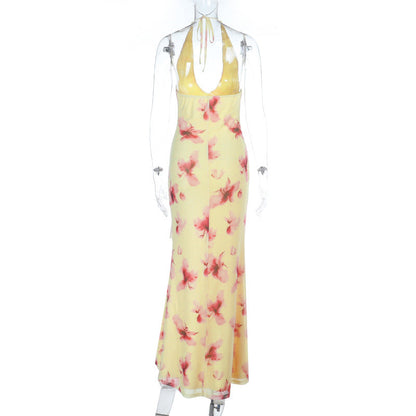 Slit flower print v neck halter self tie maxi dress  | Festival Outfits Women