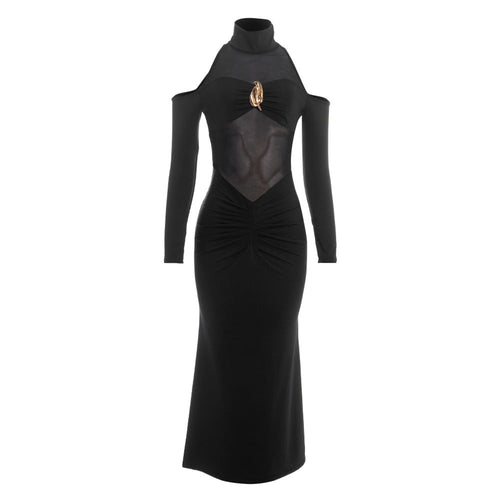 Long sleeve high neck hollow out mesh maxi dress  | Festival Outfits Women